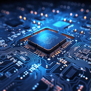 深蓝色背景上的电路板上的Ai计算芯片组概念、人工智能工作数据和未来的未来数字
