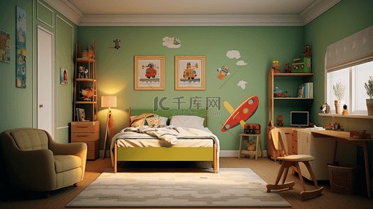 清新家具背景图片_绿色超级英雄主题儿童卧室背景2