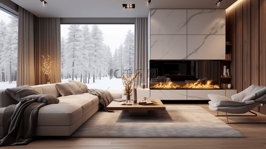 背景装修背景图片_现代化客厅窗外森林积雪背景6