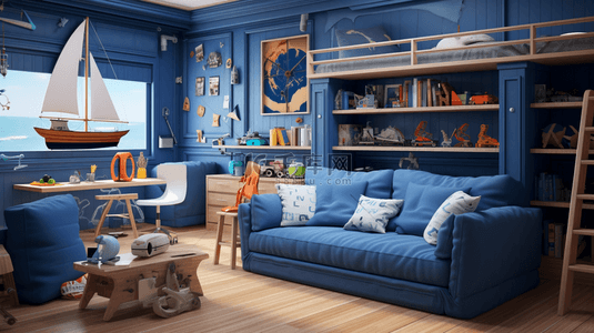 蓝色海洋主题儿童卧室背景1