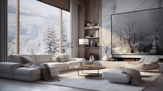 现代装修背景图片_现代化客厅窗外森林积雪背景1
