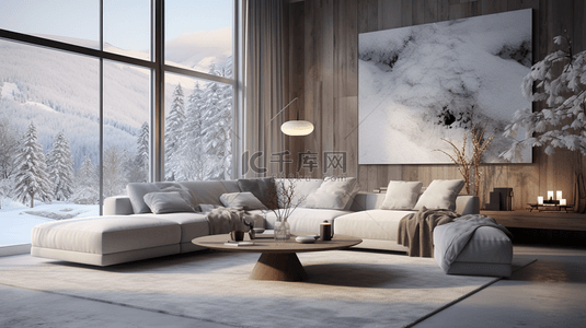 冬季森林背景图片_现代化客厅窗外森林积雪背景4