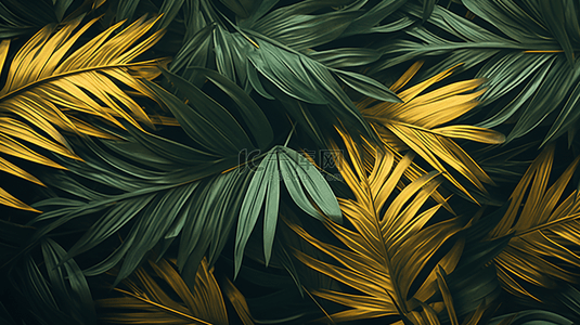 椰叶椰子背景图片_热带黑色和金色叶子套装