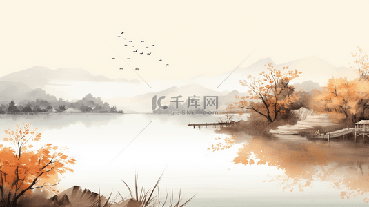 秋季中国风山水风景插画3