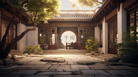 中国风庭院背景背景图片_夕阳下的中国风古典庭院背景2
