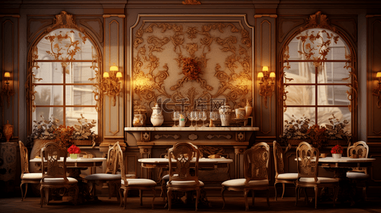 美食古典背景图片_暖黄光下的欧式风格餐厅场景背景6