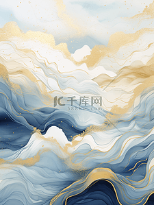 国潮手绘山水背景图片_手绘国潮描金山水海浪背景15