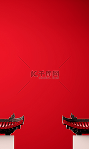 中国风徽派建筑马蹄墙红色春节海报背景