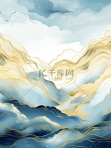 山峦手绘背景图片_手绘国潮描金山水海浪背景13