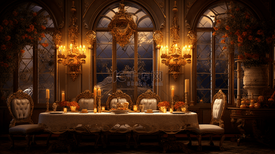 古典的背景图片_暖黄光下的欧式风格餐厅场景背景4