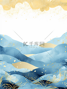 手绘海浪背景背景图片_手绘国潮描金山水海浪背景8