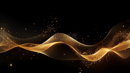 抽象的金色烟雾波浪。在深色背景上，闪亮的金色移动线条设计元素具有闪亮的效果，用于礼品、贺卡和折扣券。矢量插图。