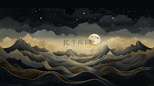 国潮中秋节描金群山夜空圆月背景1