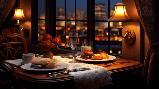 电商餐桌背景图片_暖黄光下的欧式风格餐厅场景背景1
