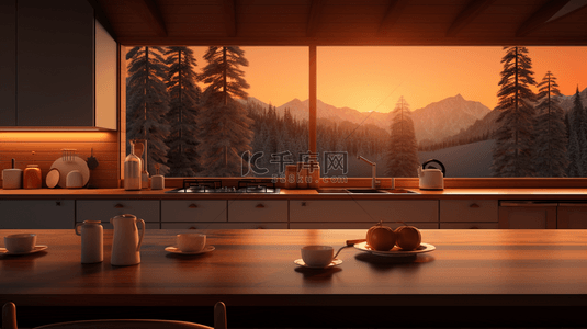 烹饪背景背景图片_夕阳照射进厨房场景背景1