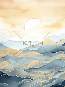 手绘海浪背景背景图片_手绘国潮描金山水海浪背景4