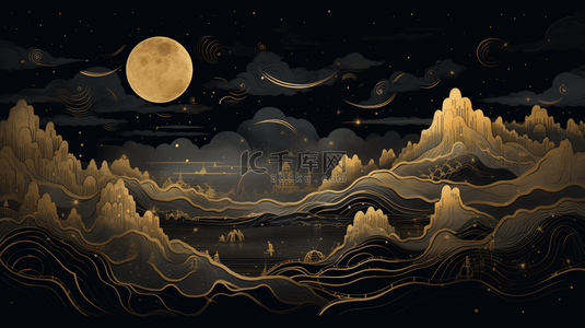 描金背景图片_国潮中秋节描金群山夜空圆月背景9