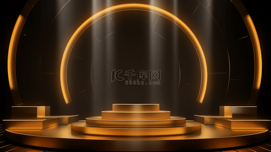 圆线背景图片_产品展示讲台，带有闪耀的金色圆环线和云元素，3D逼真的豪华风格背景。
