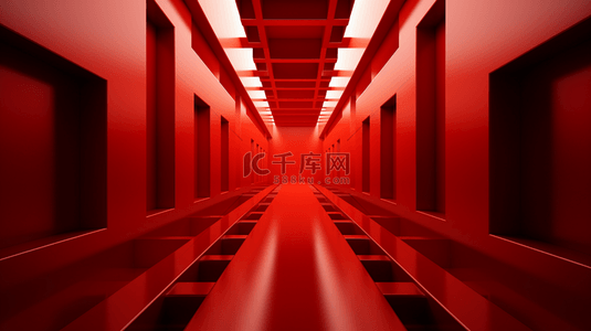 科技立体几何背景图片_红色科技空间感通向远方的走廊隧道背景7