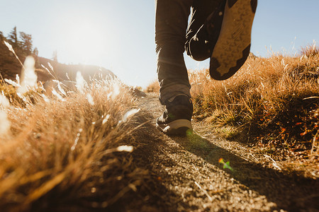王凯摄影照片_男性徒步旅行者在土路上徒步旅行的腿矿物之王红杉国家公园美国
