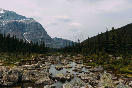 加拿大艾伯塔省班夫国家公园莫雷恩湖岩石河床和山脉