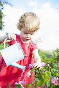 在花田里给粉色花浇水的小女孩