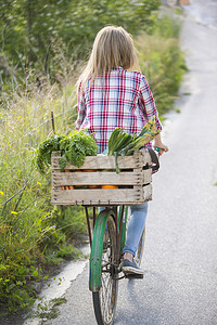 乡村大道摄影照片_女子骑自行车在乡村公路上的后视线