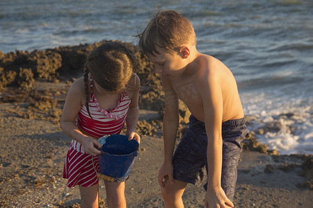 石凯摄影照片_女孩和兄弟在海滩上凝视玩具桶吹石保护区美国佛罗里达州朱庇特岛