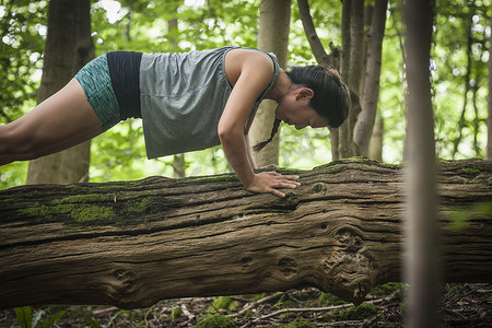 中年女性运动摄影照片_中年妇女在森林里锻炼在原木上做俯卧撑