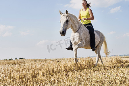 在田野里骑着灰马的女子