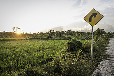 日落时分的黄色箭头标志和绿色田野景观印度尼西亚龙目岛