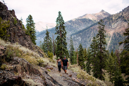 沿着矿泉王小路徒步旅行的中年夫妇美国加利福尼亚州红杉国家公园