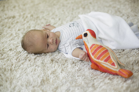 男婴躺在地毯上看着玩具鸟