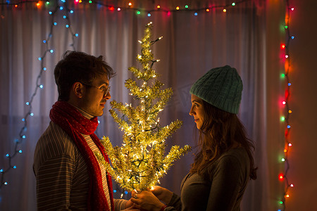 点关注摄影照片_年轻夫妇手持点亮的圣诞树