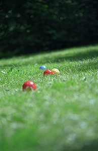草地上的彩色塑料球
