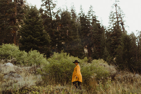美国加利福尼亚州红杉国家公园的矿泉王在乡村环境中行走的女人
