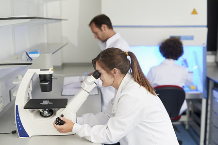 实验室中的科学家通过显微镜观察