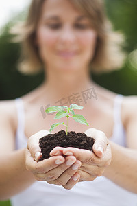 一名妇女在一堆泥土中抱着树苗