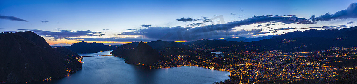 瑞士卢加诺湖黄昏时的全景