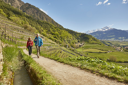 梅兰竹菊水墨画摄影照片_意大利南蒂罗尔梅兰一对成年夫妇沿着乡村小路徒步旅行