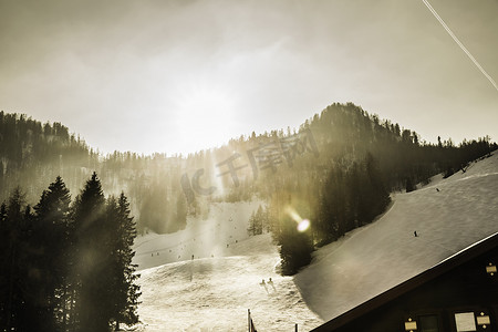 有树木和灿烂阳光的滑雪场奥地利蒂罗尔