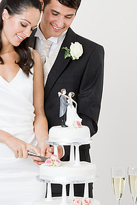 婚礼纯色背景摄影照片_新娘和新郎在切婚礼蛋糕