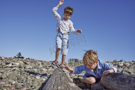 两个男孩在海滩上玩浮木
