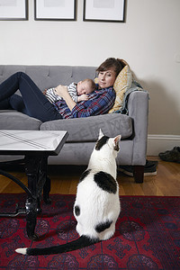 沙发猫摄影照片_母子俩躺在沙发上看着猫