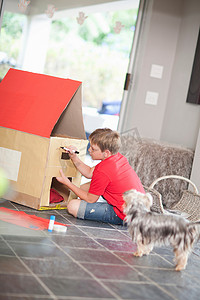 红硬摄影照片_男孩为他的狗建造狗舍