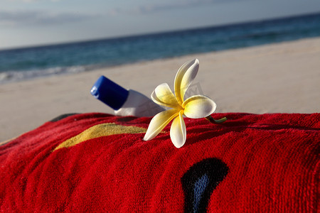 海滩上的毛巾上有鲜花和防晒霜