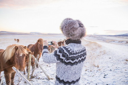 拍照旅游景点摄影照片_冰岛一名女子在积雪覆盖的田野上为小马拍照