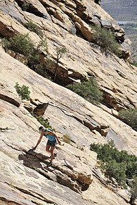 攀岩女摄影照片_年轻的女攀岩者攀登陡峭的岩壁威尔逊山美国内华达州