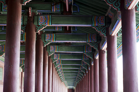 柱子装饰摄影照片_韩国首尔柱子和宝塔天花板的低角度视角