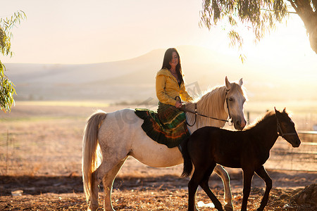女子骑马摄影照片_年轻女子骑马
